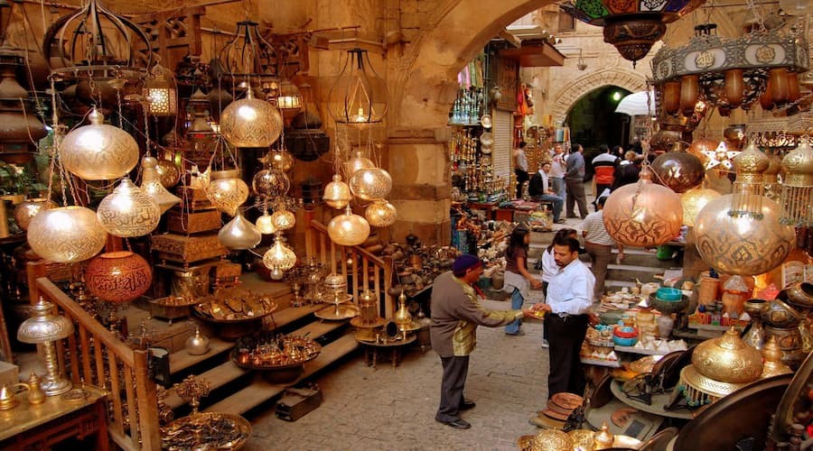 Historic buildings and narrow streets of Al-Muizz Street in Cairo, Egypt
